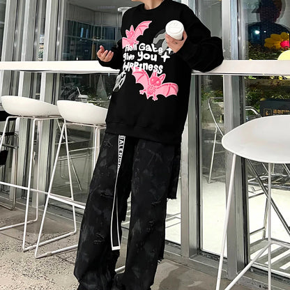 xiangtuibao Y2k Pink Bat  Letter Foam Black Fleece Sweatshirts for Men and Women Ropa Hombre Velvet Sudaderas O Neck Casual Baggy Hoodies