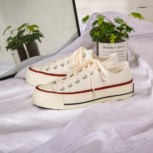 Women Canvas Platform Casual Sneakers Solid Color Girls Sneakers Classic Rubber Lace-Up Canvas Shoes   Zapatos De Mujer