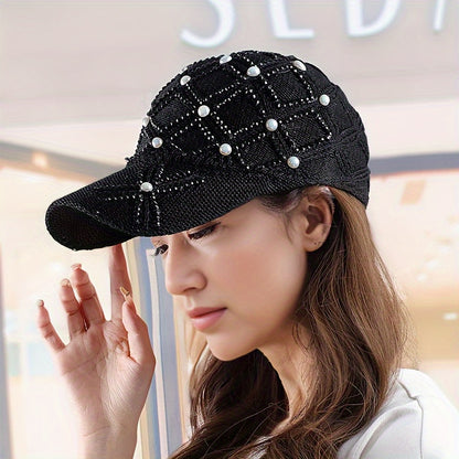 Stylish Women's Summer Sunshade Baseball Cap - Handmade Rhinestones, Knitted Checkered Design, Mesh Breathable, Versatile, Fashionable, and Protective - Perfect for Outdoor Activities