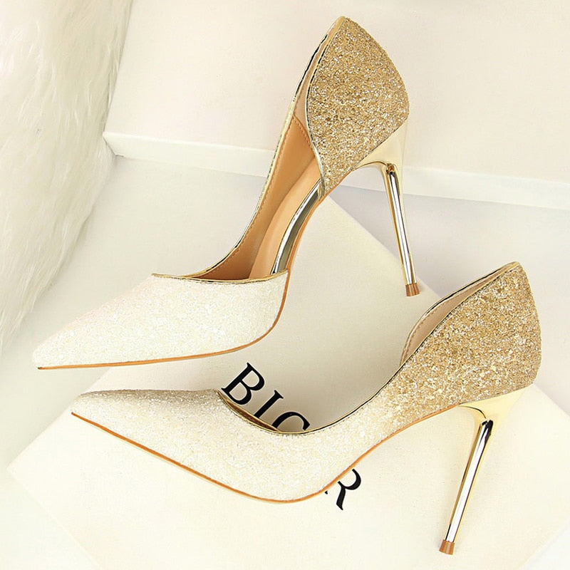 xiangtuibao   Woman 9cm Glitter High Heels Sequins Scarpins Pumps Female Silver Gold Escarpins Lady Wedding Bridal Scarpins Talons Shoes