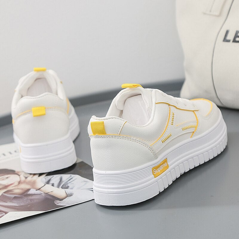 Platform Shoes Women Fashion Design Leather Flat Casual Shoes Real Leather Lace Up White Sneakers Ladies Flats Spring Size 35-40