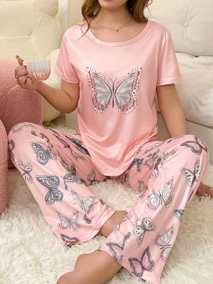 Soft & Cozy Butterfly Print Pajama Set - Crew Neck, Micro Elasticity, Polyester Material, Machine Washable, Random Printing, All Season - Womens Casual Sleepwear