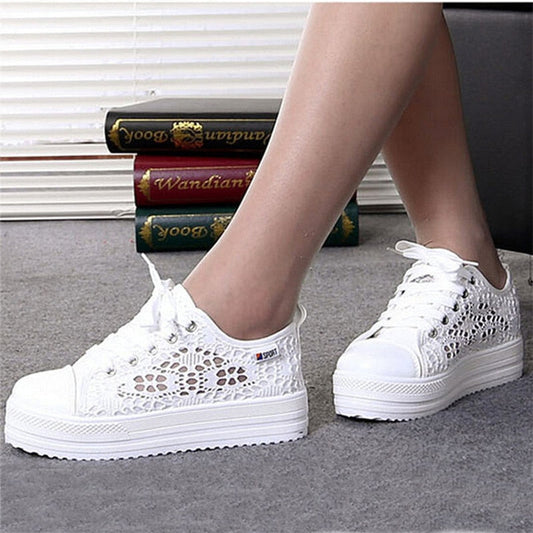 Women shoes  fashion summer casual white shoes cutouts lace canvas hollow breathable platform flat shoes woman sneakers