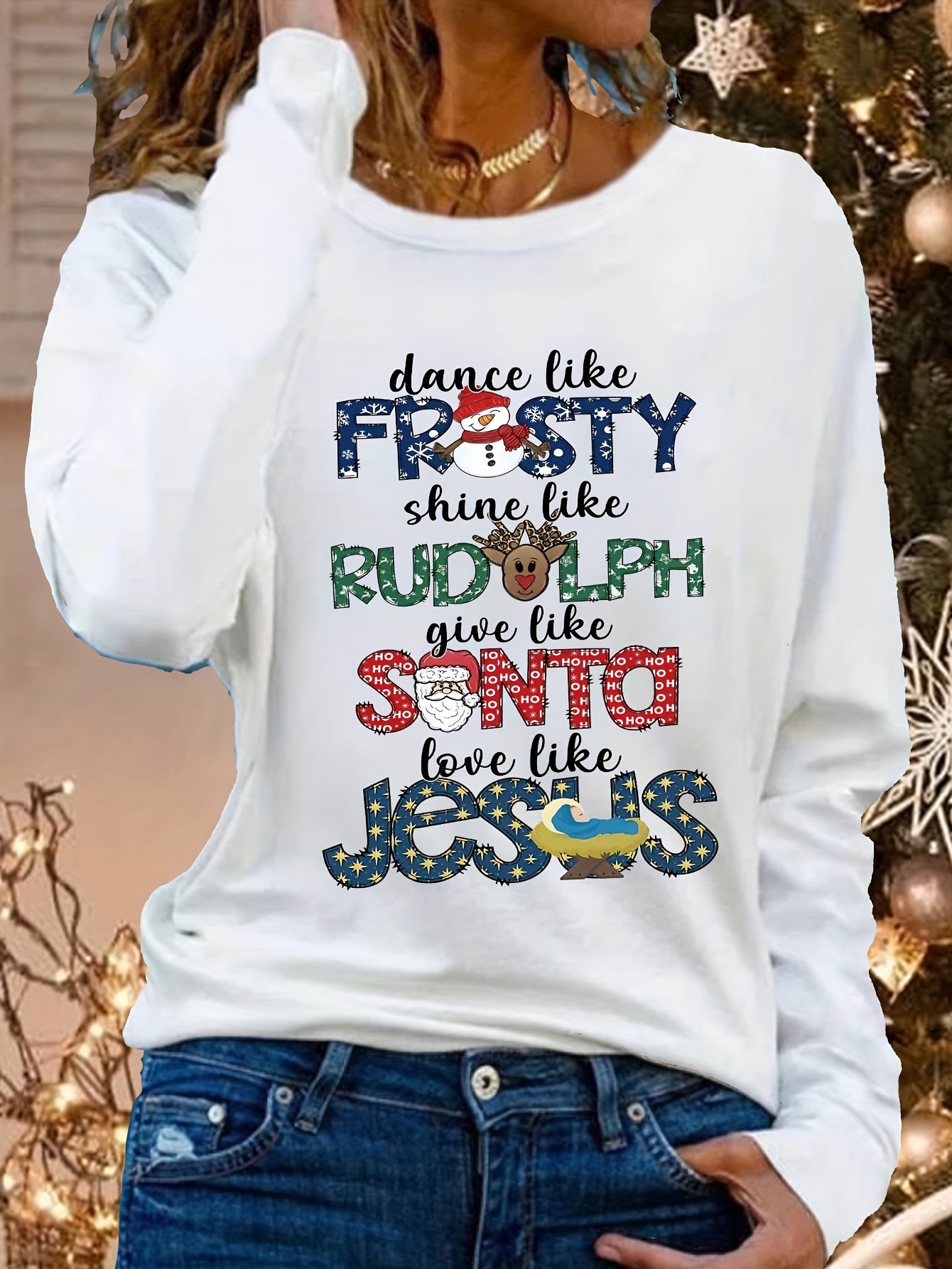 1pc Women's Christmas Print Long Sleeve T-Shirt, Casual Round Neck Polyester Top with Regular Fit and Straight Sleeves, Festive Holiday Tee with Embroidery Detail