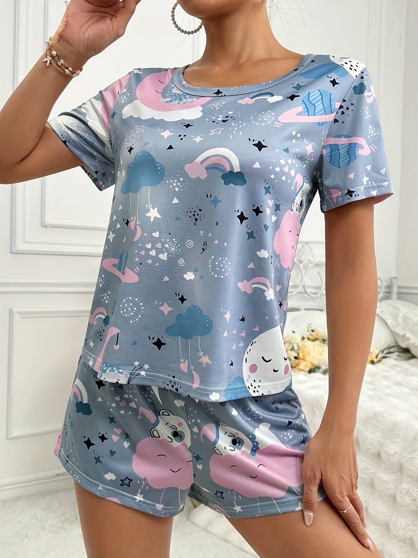 Womens Galaxy Cartoon Print Relaxed Fit Short Sleeve Pajama Set - Comfortable High Elasticity Polyester Crew Neck Top & Bow Shorts for All-Season Lounging - Random Pattern, Pullover Style, No Sheer, Knit Fabric