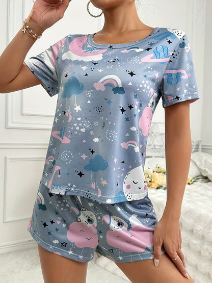 Womens Galaxy Cartoon Print Relaxed Fit Short Sleeve Pajama Set - Comfortable High Elasticity Polyester Crew Neck Top & Bow Shorts for All-Season Lounging - Random Pattern, Pullover Style, No Sheer, Knit Fabric