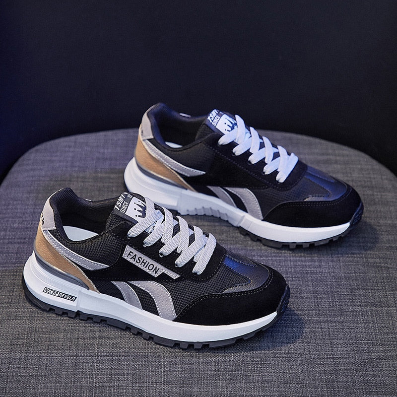 New Women Casual Sport Shoes Girl Street Leather Mesh Patchwork Stripe Comfortable Sneakers All Seasons Trainers 3 Colors