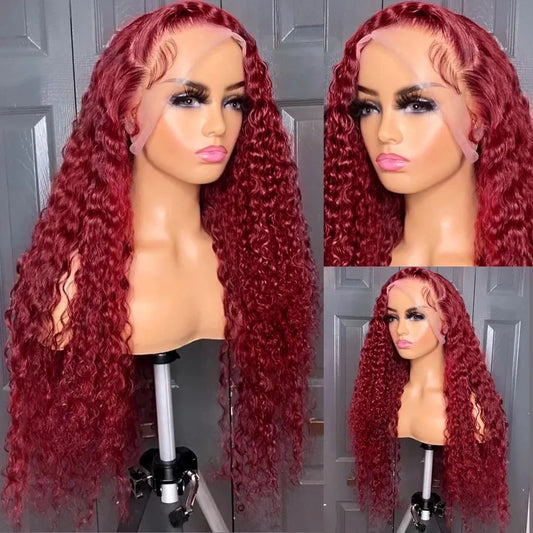 13x4 Red Color 180% Curly Human Hair Wigs for Women 99J Burgundy Transparent Deep Wave Lace Frontal Wig Synthetic