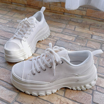 Brand Women's White Shoes New Chunky Sneakers For Women Lace Up White Vulcanize Shoes Thick Bottom Canvas Casual Shoes Platform