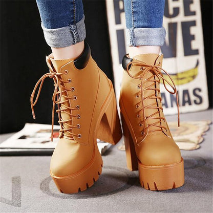 Spring Autumn Women Lace Up Platform Shoes Pu Leather Ladies High Heel Ankle Boots Female Motorcycle Boots Casual Footwear