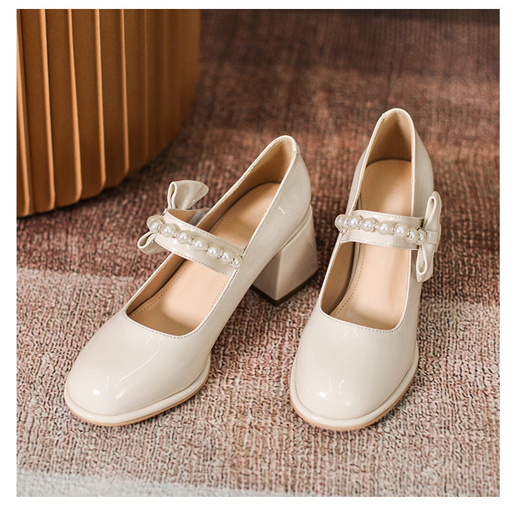 Autumn Mary Janes Women Shoes High-heeled Women Pumps Square Toe Pearl Bow Single Shoes Female High Heels Chunky Shoes cx625