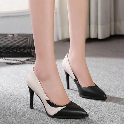 Leather Women's Office  Shoes,Soft Rubber Sole,High Heels,Mixed Colors,Pointed Toe,Slip On,Female Fashion Footware,Black/White