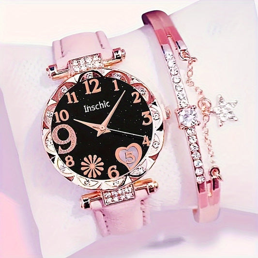 Chic 2pcs/set Heart-Shaped Rhinestone Womens Quartz Watch & Star Charm Bangle, Durable PU Leather Strap - Perfect Valentines Gift