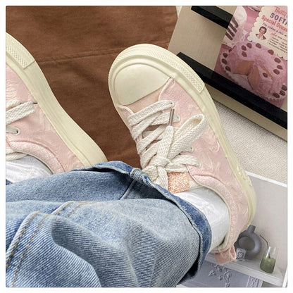 xiangtuibao NEW Pink Canvas Sneakers Woman Vulcanized Shoes Platform Sneakers Women Lace Up Flats Sneakers Ladies Spring Autumn Sports Shoes