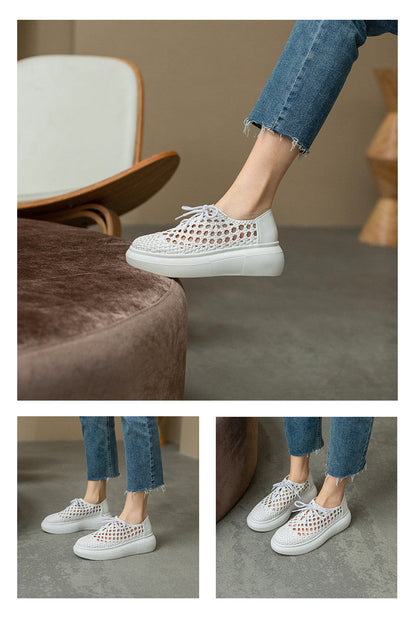 New Genuine Leather Sponge Cake Women Shoes Spring/summer Hollow Breathable Flat Platform Shoes Woven Hole Handmade Shoes Woman