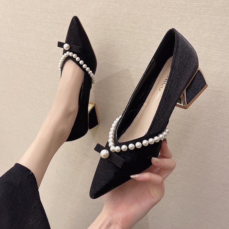 Spring NEW Mary Janes Shoes,Women Pumps,Pearls High Heels,Pointed toe,Square Heel,Female Fashion Design Footware,Apricot