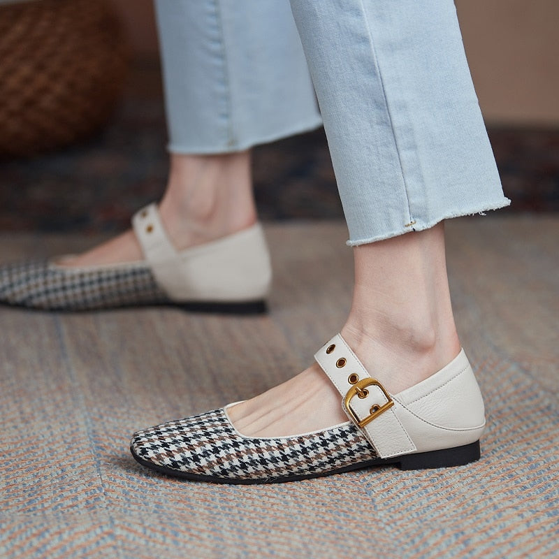 xiangtuibao   Women's Fabric Shoes Retro Buckle Strap Spring/Autumn Ethnic Flat Shoes Square Toe Shoes Woman Patchwork Footwear