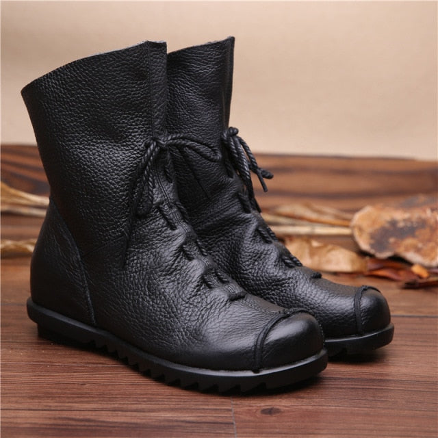 Vintage Style Genuine Leather Women Boots Flat Booties Soft Cowhide Women's Shoes Front Zip Ankle Boots zapatos mujer