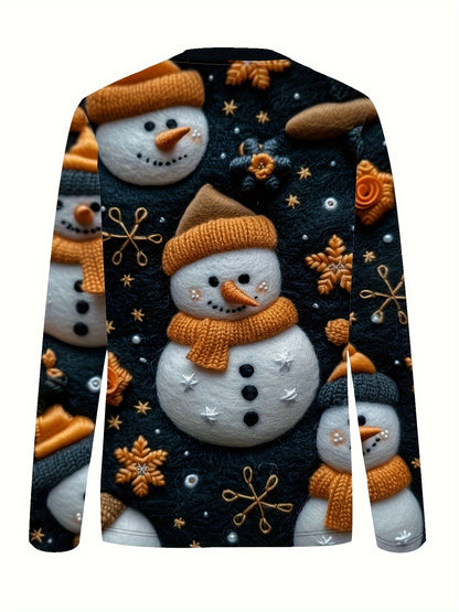 Cozy Snowman Embroidered Long Sleeve T-Shirt for Women - Soft, Breathable, Casual Crew Neck Top with Vibrant Festive Print, Perfect for Fall and Winter Season, Holiday Parties, and Daily Wear