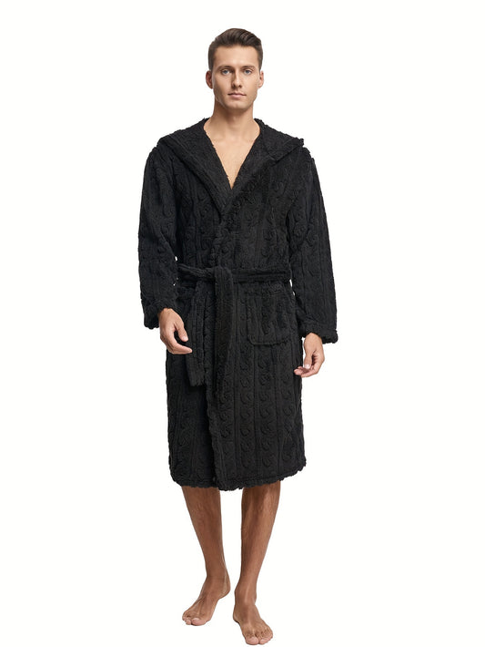 Men's Comfy Solid Fleece Robe Home Pajamas Wear With Pocket One-piece Lace Up Kimono Night-robe Warm Sets After Bath