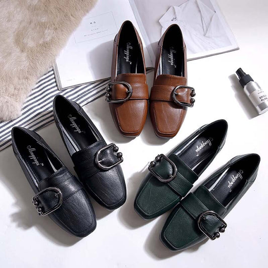 Square Head Deep Mouth Small Leather Shoes Women  Autumn New Metal Flat Shoes Women Flat Shoes