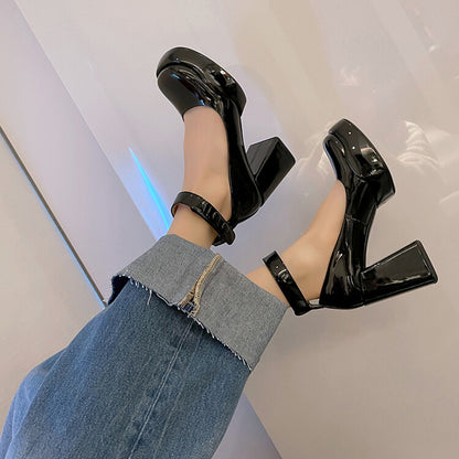 xiangtuibao Patent Leather High Heels Pumps Women  Autumn Thick Heel Chunky Platform Mary Jane Shoes Woman Black Ankle Straps Pump Shoes