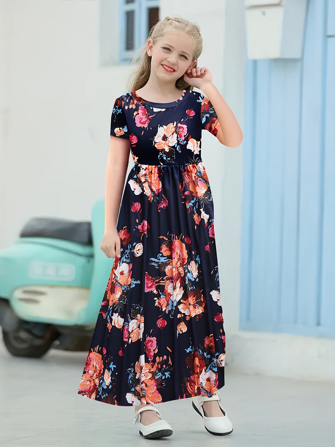 Girls Bohemian Chic Maxi Dress - Breezy Short Sleeves, Vibrant Floral Pattern, Flowy Relaxed Fit, Practical Side Pockets - Designed for the Young and Free-Spirited, Ideal for Summer Getaways, Beach Trips, and Outdoor Adventures