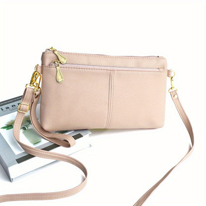 Stylish Square Wristlet Crossbody Bag for Women - Removable Strap, Double Zipper Closure, Polyester Lining, PU Material, Coin and Phone Storage - Solid Color, No Pattern, Compact and Fashionable