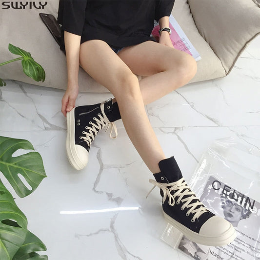 xiangtuibao   Canvas Shoes Women Chunky Sneakers Solid Woman Shoes Spring  Fashion Black Sneakers For Women Flat Light Ladies Shoe