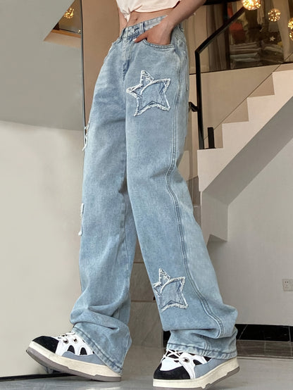 Vintage-Inspired Blue Star Wide-Leg Jeans - All-Season Comfort, Embroidered Geometric Design, Easy-Care Women's Denim Pants