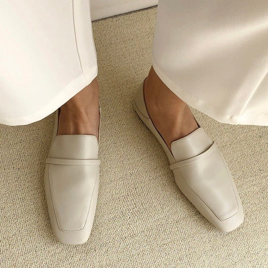 MEZEREON Cow Leather Square Toe Women Flats Casual Loafers Women Shoe Without Heel Spring Autumn Mules Woman Simple Shoes