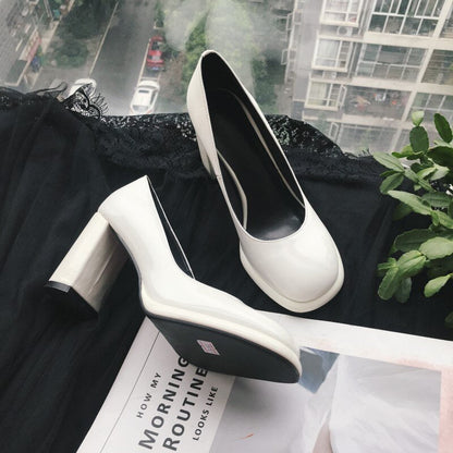 xiangtuibao Autumn New Brand Designer Shallow Mouth Single Shoes Cow Patent Leather Leather Thick High Heel Women Pumps Round Head One