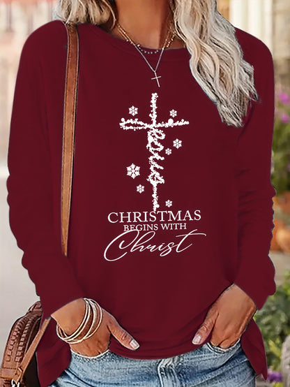 Women's Casual Crew Neck Long Sleeve Letter & Print T-shirt, Classic Comfortable Fashion Clothing