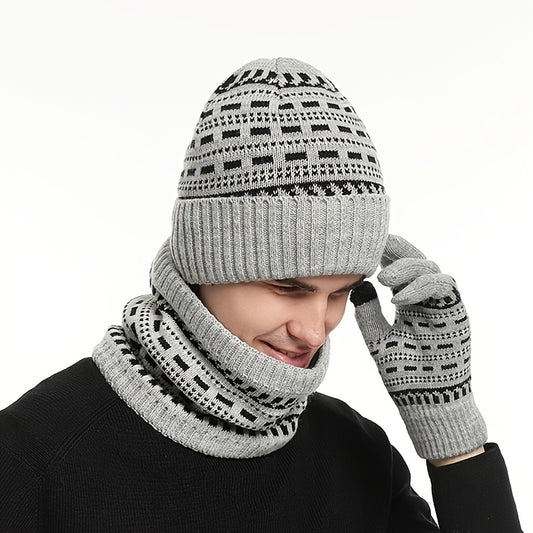 2pcs+1pair Men's Warm Hat Knitted Thickened Adult Hat & Scarf & Gloves Set For Autumn And Winter, Ideal choice for Gifts