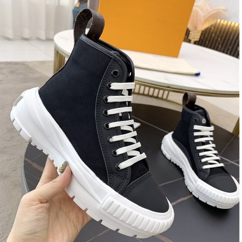 Brand Sneakers Women Platform Canvas Shoes  Lace-Up Woman Shoes Luxury High Quality Designer Shoes Brown FlowersRB116