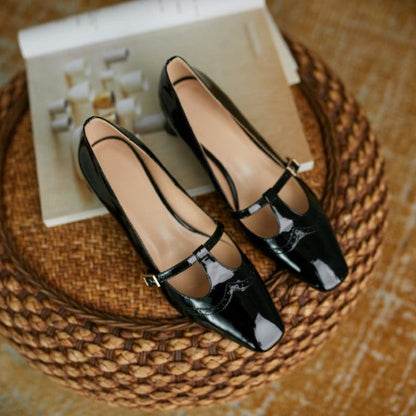 Spring/Autumn Women Shoes Patent Leather Solid Color T-shaped Buckle Square Toe Chunky Heel Versatile Mid-Heel Pumps Shoes