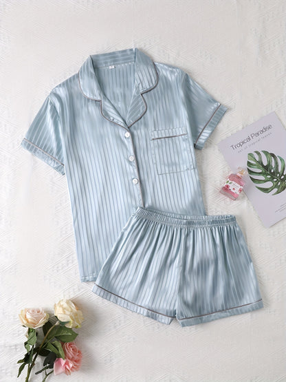 Luxurious Striped Satin Pajamas Set - Short Sleeve Button Top & Soft Shorts - Womens Comfy Sleepwear & Lounging Elegance for a Chic Nighttime Experience