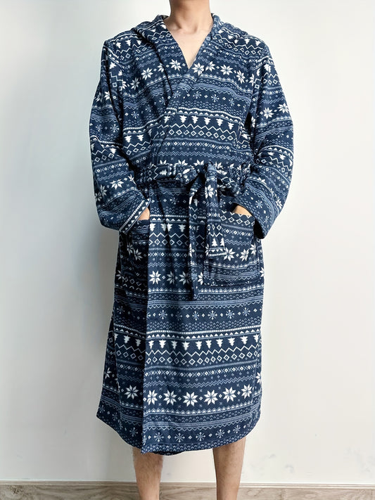 Men's Fleeced Night Robe Long Sleeve Hooded Cozy And Warm Loungewear Ethnic Style Winter