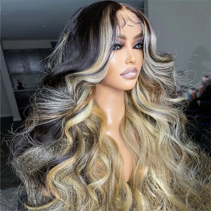 Ash Blonde Highlights 13x4 Lace Front Human Hair Wig for Women Black Roots Ombre Body Wave Synthetic Wig Pre Plucked