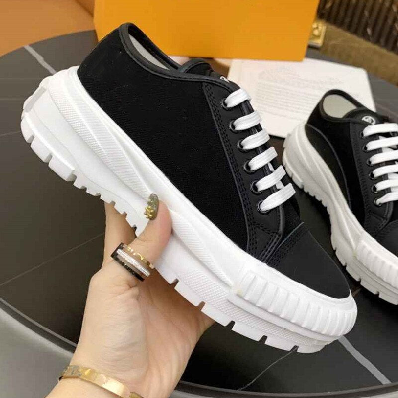 Brand Sneakers Women Platform Canvas Shoes  Lace-Up Woman Shoes Luxury High Quality Designer Shoes Brown FlowersRB116