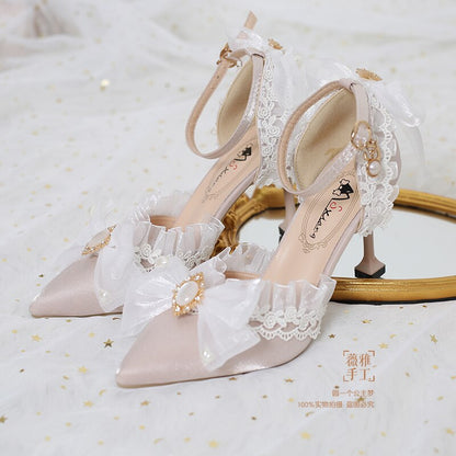 Vintage French Style Sweet Girls' Adult Ceremony High Heels Elegant Embroidered Lolita Hand Made Pointed Toe Wedding Loli Shoes