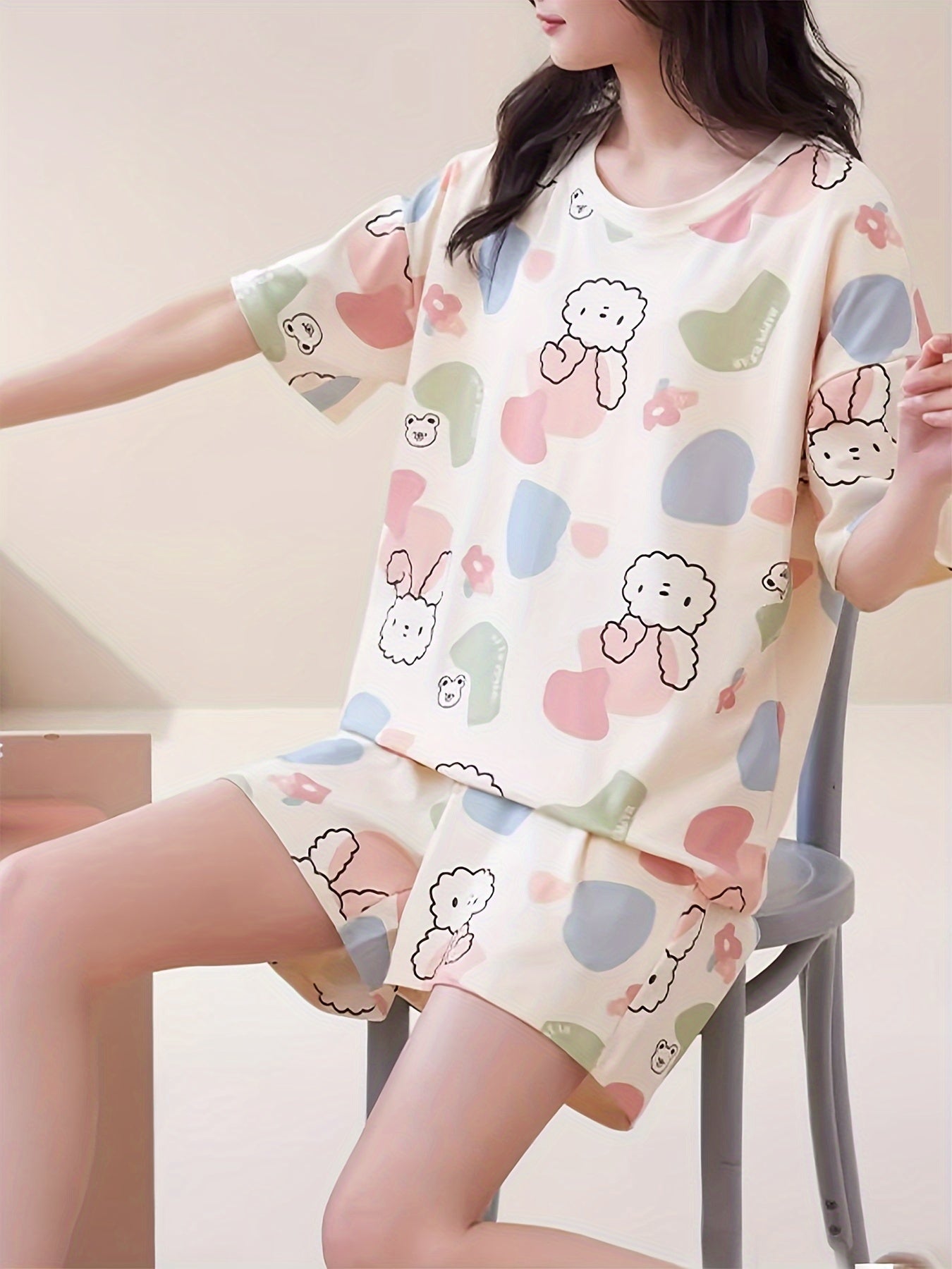 Lightweight & Stylish Womens Rabbit Print Pajama Set - Short Sleeve, Round Neck Tee & Pocket Shorts, Color Block Sleepwear for Casual Nights