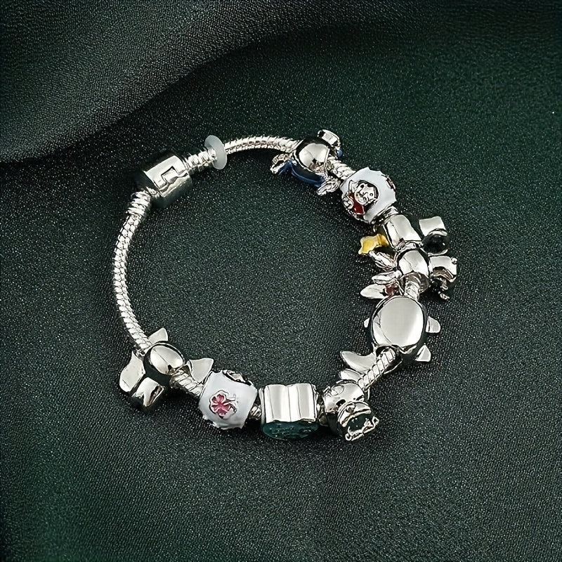 1 pc Disney Stitch Charm Bracelet - Cartoon Beaded Bangle with Silver-Tone Plating, Cute Stitch Beads, and Party Style Design - Perfect Gift for Disney Fans on Valentines Day and All Occasions