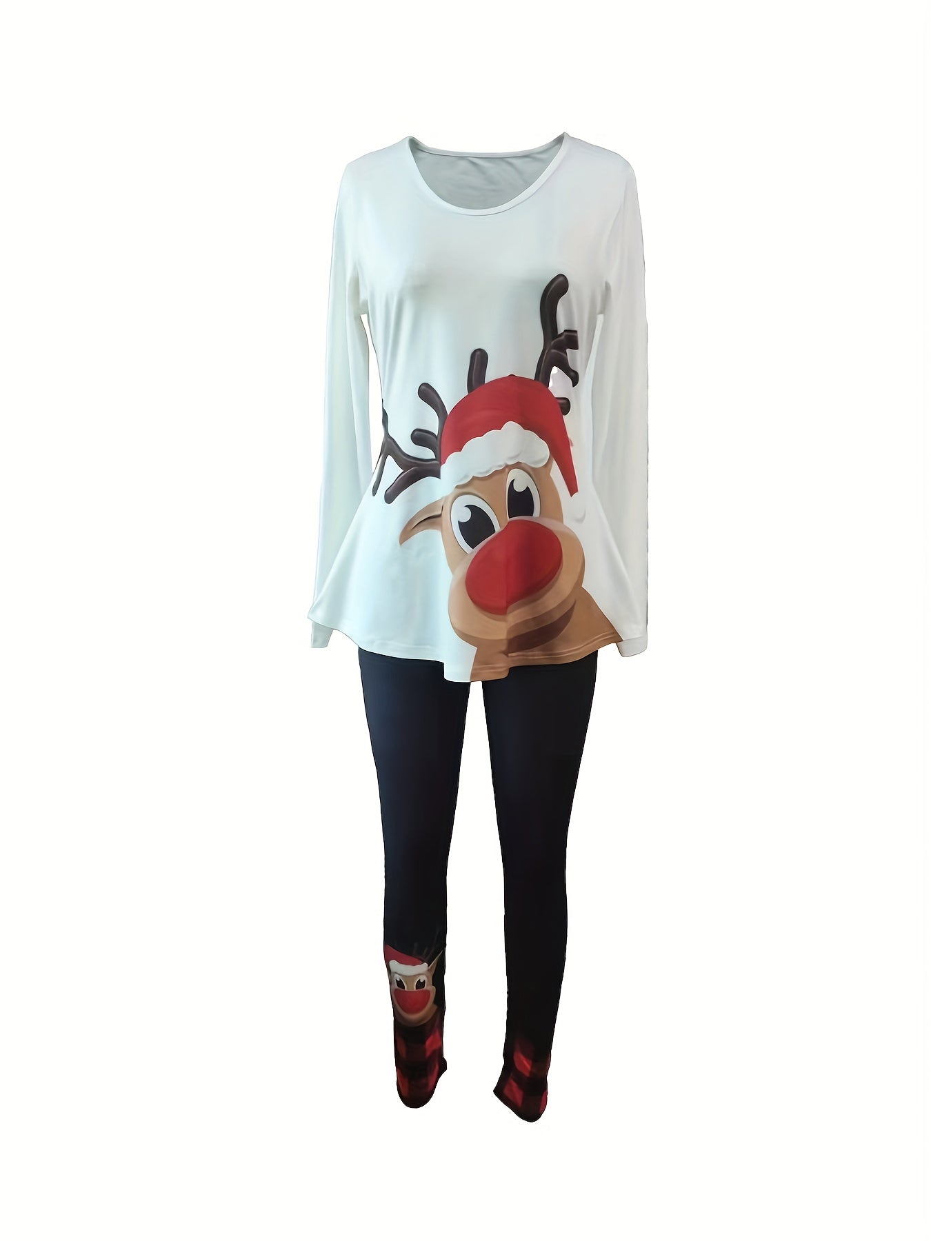 Two-piece Casual Christmas Print Outfits, Crew Neck Long Sleeve T-shirt & Skinny Leggings, Women's Clothing