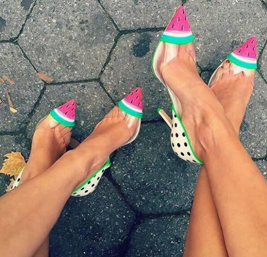 xiangtuibao Big Size US 10 Sweet Cute Polka Dot Watermelon Pumps Pointed toe High Stiletto Watermelon Heel shoes woman Real Photos Free Ship