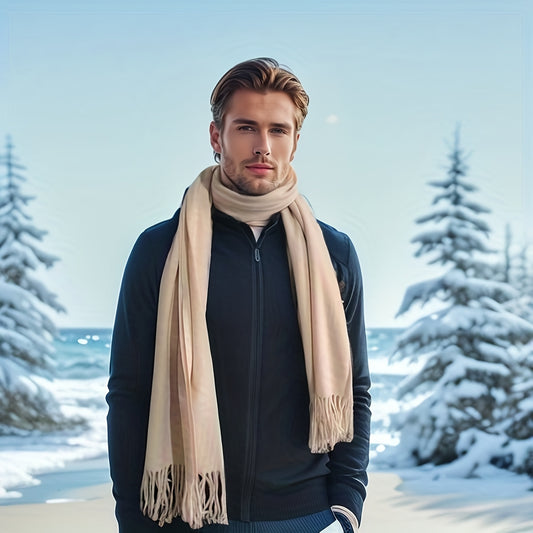 1pc Plain Widened Flat Autumn And Winter Warm Men's Cold-proof Scarf, Unisex Solid Color Scarf