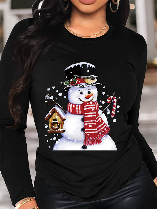 Long Sleeve Christmas Snowman Print T-shirt, Crew Neck Casual Top For Spring & Fall, Women's Clothing