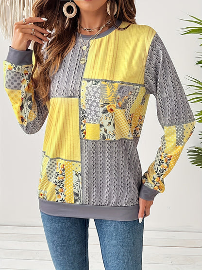 Winter Casual Patchwork Crew Neck Micro Elastic Polyester Pullover Sweatshirt - Soft, Cozy, and Stylish Floral Print Long Sleeve Top for Women - Perfect for Daily Wear