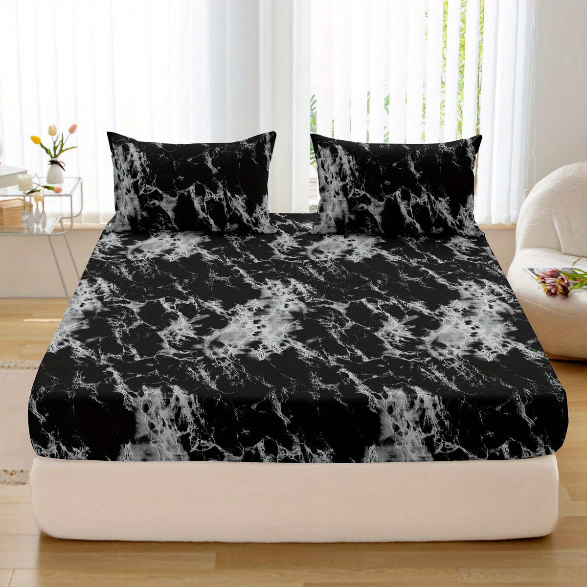 3-Piece Fitted Sheet Set - Soft, Breathable, Marble Print Bedding for Bedroom and Guest Room - Comfortable, Hypoallergenic, Easy Care, Deep Pocket, and Stylish Design (1 Fitted Sheet + 2 Pillowcases, No Core)