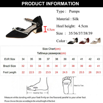 xiangtuibao   Summer Pearl Pumps Women Pointed Toe Ankle Strap High Heels Shoes Woman Med Heel Elegant Bowknot Dress Shoes Ladies